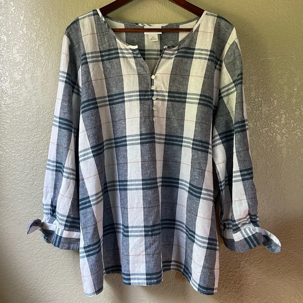Liz Claiborne Womens XXL 2XL Linen Blend Blue Plaid Tunic 3/4 Tie Sleeve Blouse - Picture 1 of 10